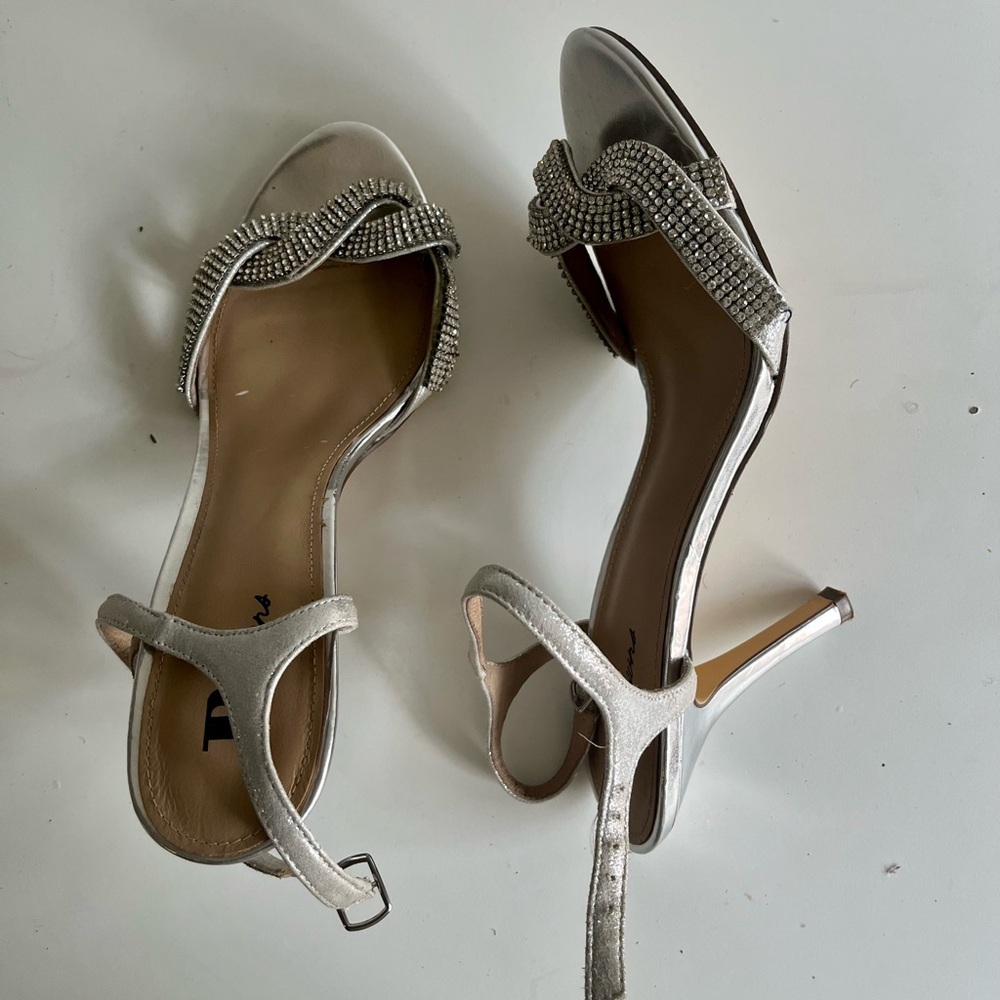 Browns Silver Rhinestone Ankle Strappy Heels Size 10M